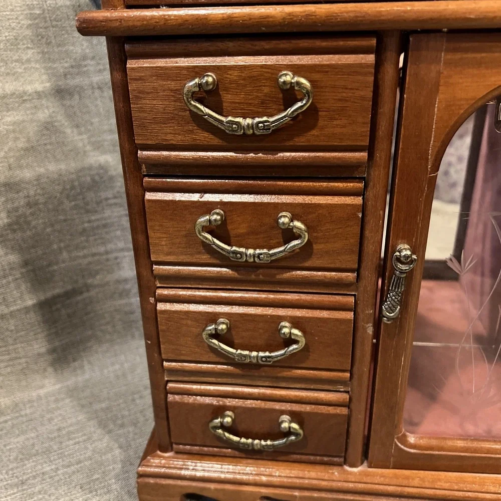 Vtg 1987‎ Wooden Jewelry Box Cabinet 4 Drawers Etched Glass  Lift Top Organizer